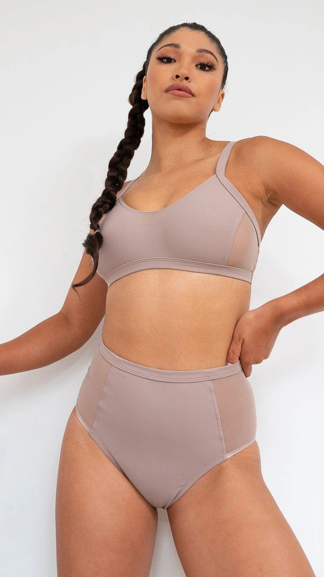 Gigi Top - Mesh Pannelled Top Recycled Mocha
